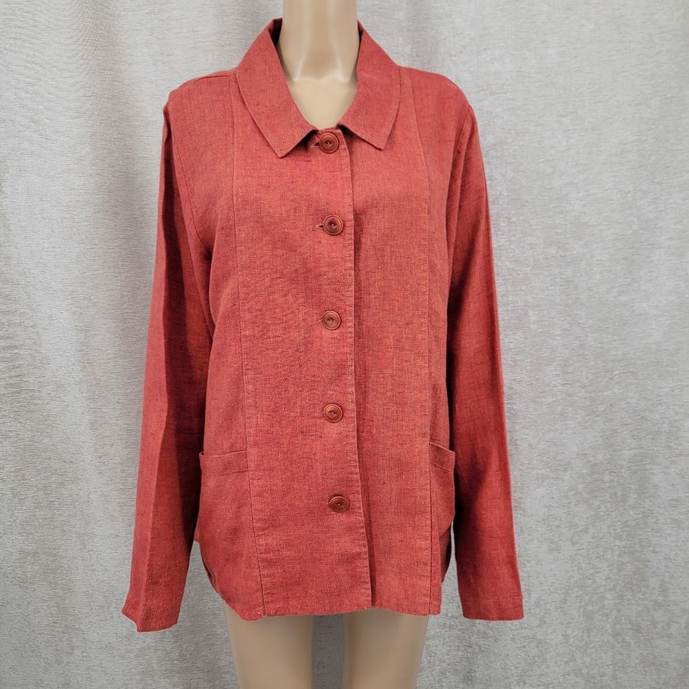 Flax Linen Orangey Red Rust Button Up Jacket Scha… - image 2